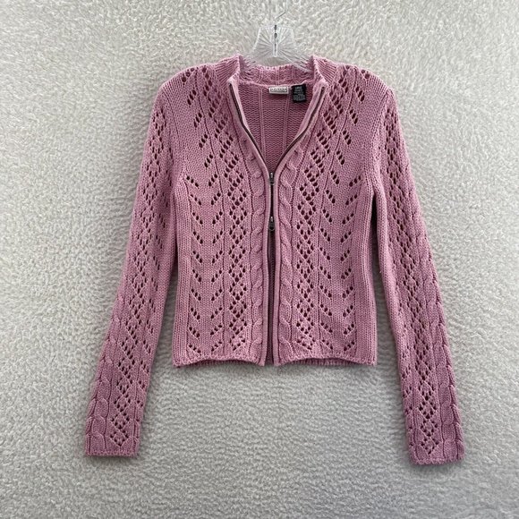 Arizona Jeans Sweaters - Y2K 2000s Arizona Jeans Pink Crochet Knit Double Zip Sweater Womens M Medium